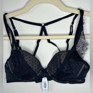Adore Me Black Lace & Polka Dot Strappy Back Bra  NWT 32B